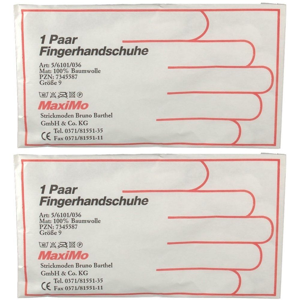 Zwei verpackte Fingerhandschuhe. Aufdruck: 1 Paar, MaxiMo, Größe 9, 100% Baumwolle. CE-Kennzeichnung.