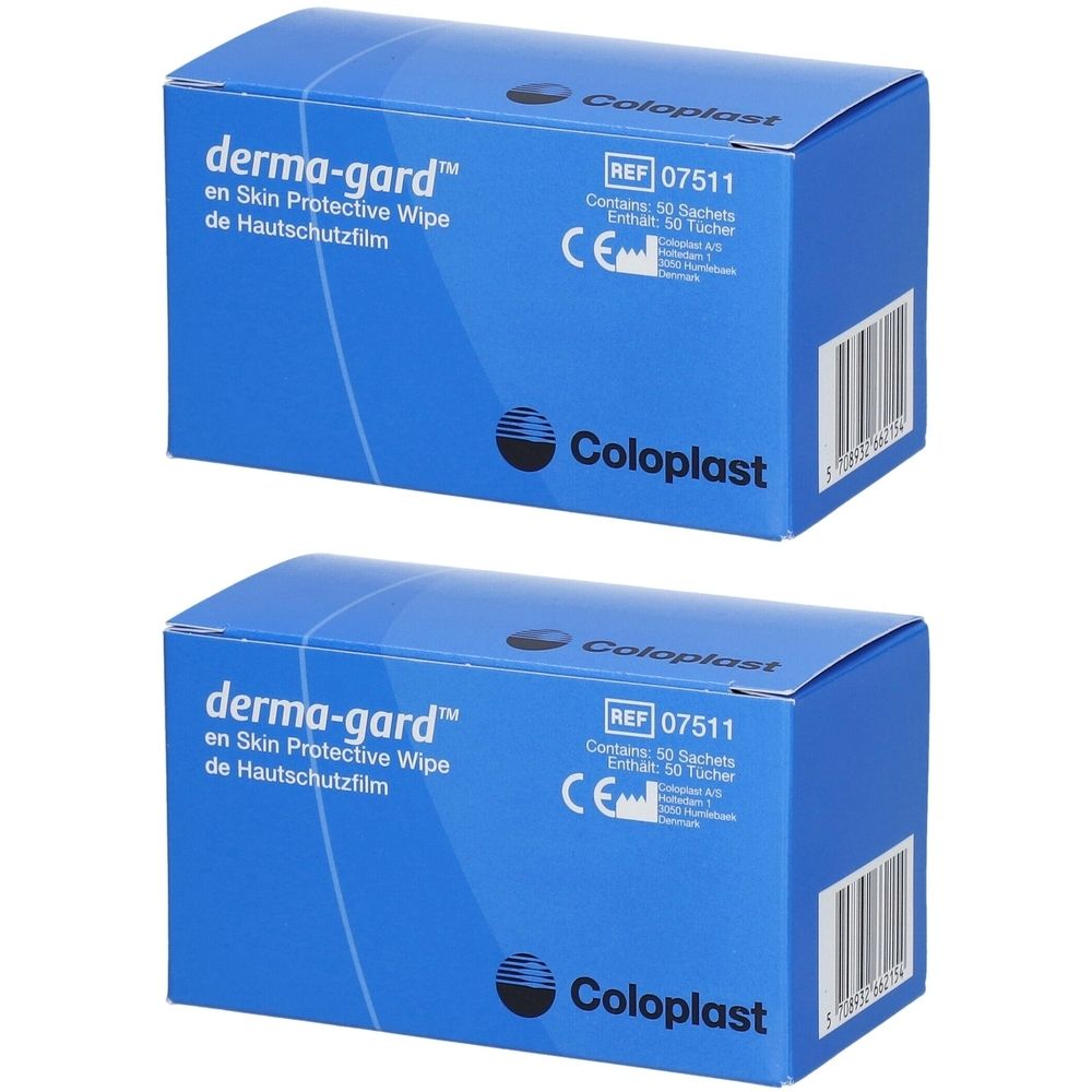 Zwei blaue Kartons mit der Aufschrift "derma-gard" und "en Skin Protective Wipe". Enthält 50 Tücher. Marke Coloplast. CE-Zeichen.