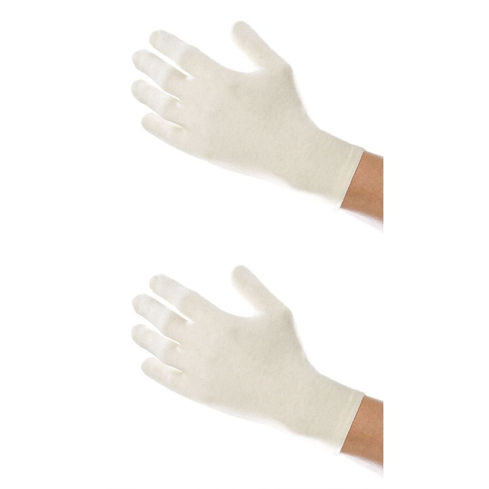 Zwei cremefarbene Handschuhe, Größe mittel, auf weißem Hintergrund. Die Handschuhe bedecken die Hände und einen Teil der Unterarme.
