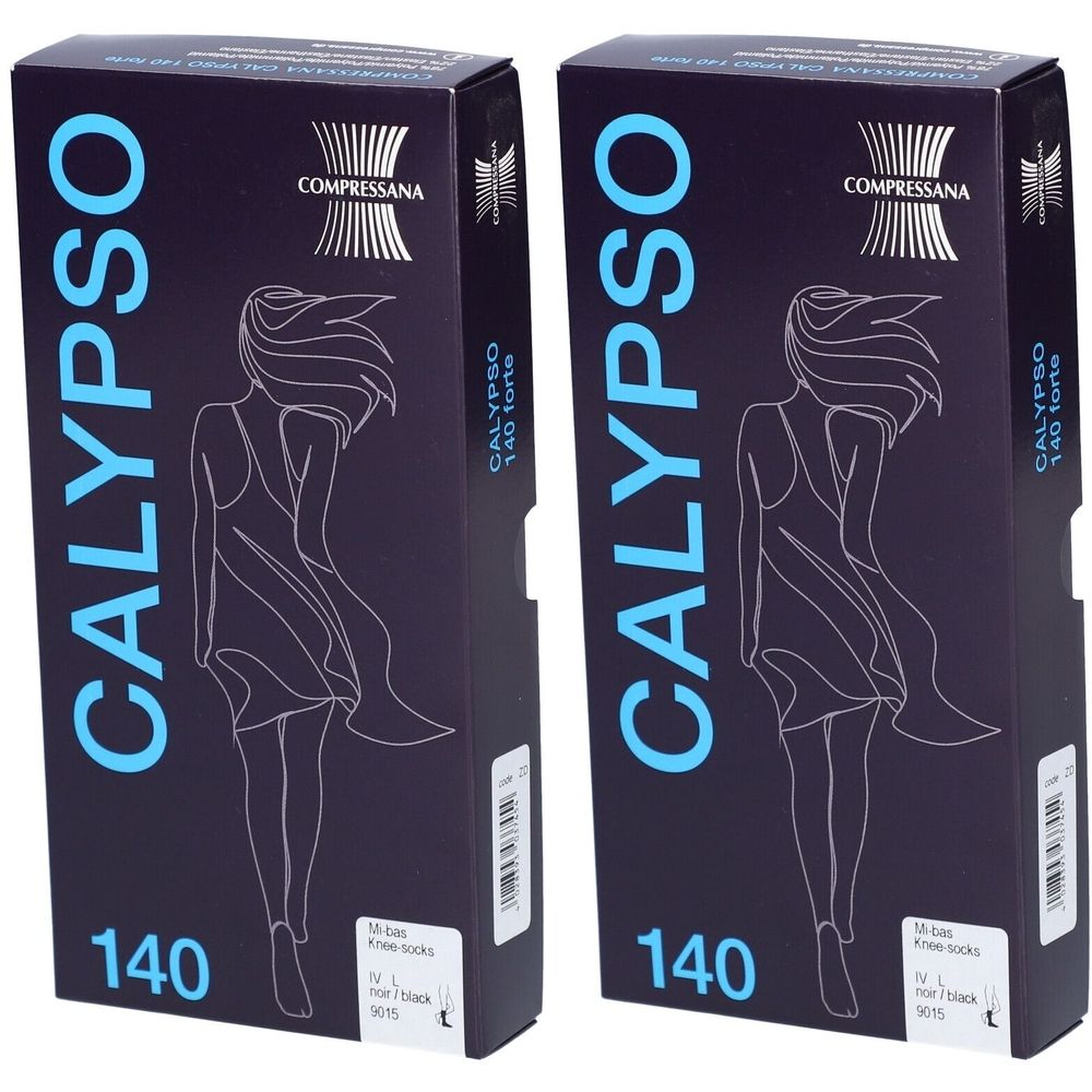 Zwei Schachteln mit Strümpfen. Aufschrift CALYPSO, 140, COMPRESSANA. Abbildung einer Frau. Schwarze Verpackung.