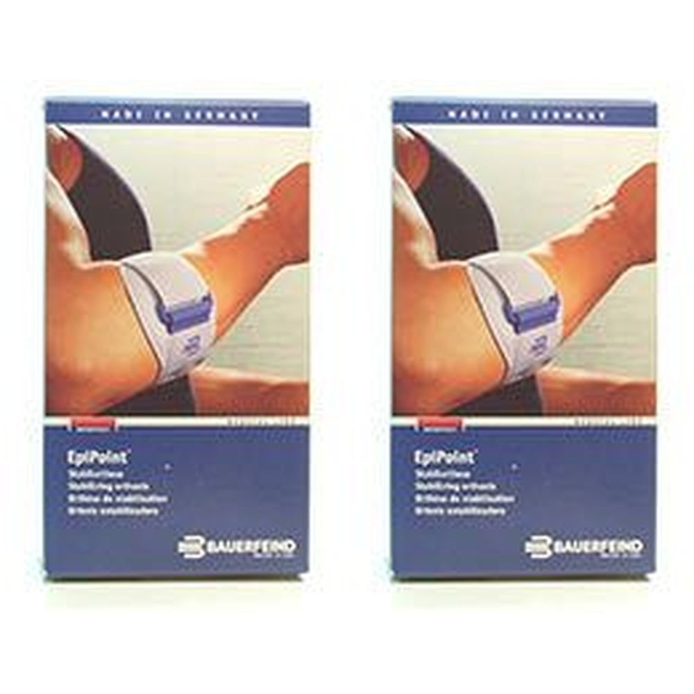 Zwei Produktverpackungen der EpiPoint® Stabilorthese. Auf jeder Verpackung ist ein Arm mit Orthese abgebildet. Blaue Verpackung mit Produktnamen und Logo.