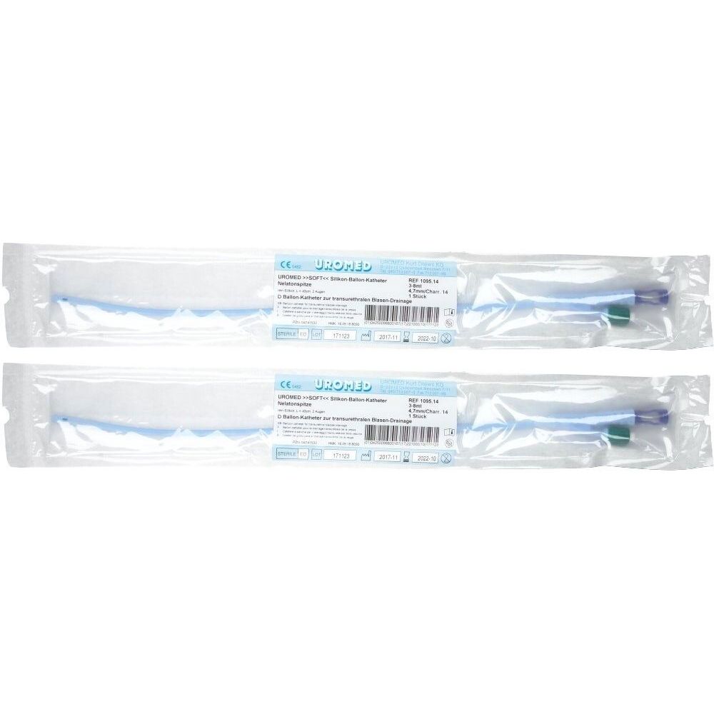 Zwei sterile Katheter in Folienverpackung. Aufdrucke mit Produktinformationen und Marke UROMED. Farbcodierung an den Enden.