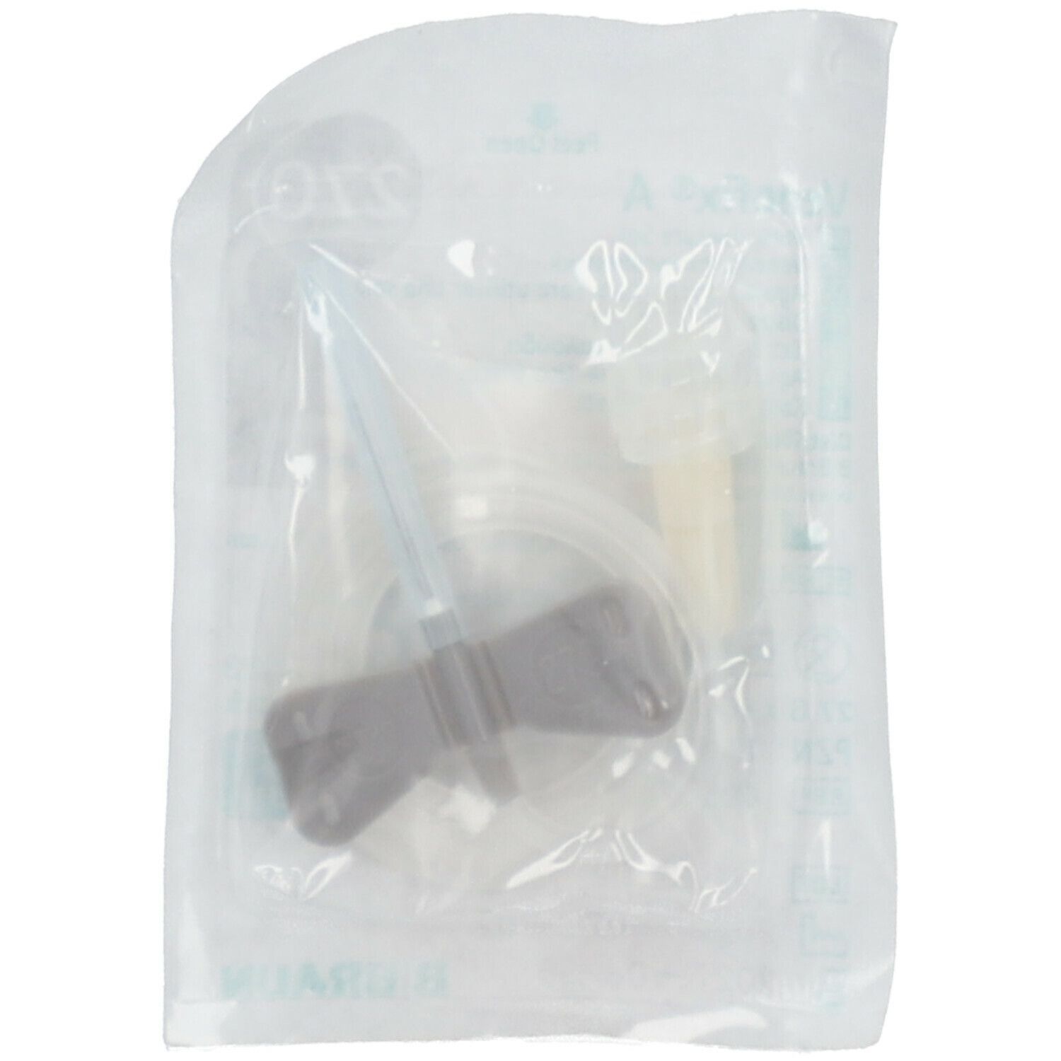 Venenpunktionsbesteck in Folienverpackung. Enthält eine Nadel mit Flügeln und Schlauch. Graue Flügel.