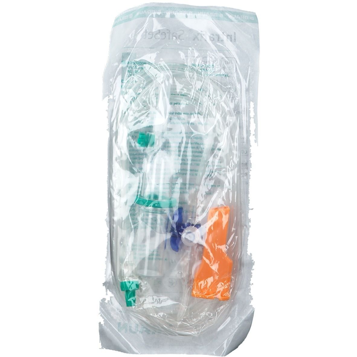 Medizinprodukt in transparenter Verpackung. Enthält mehrere Komponenten in Grün, Blau und Orange. Sichtbare Schläuche.