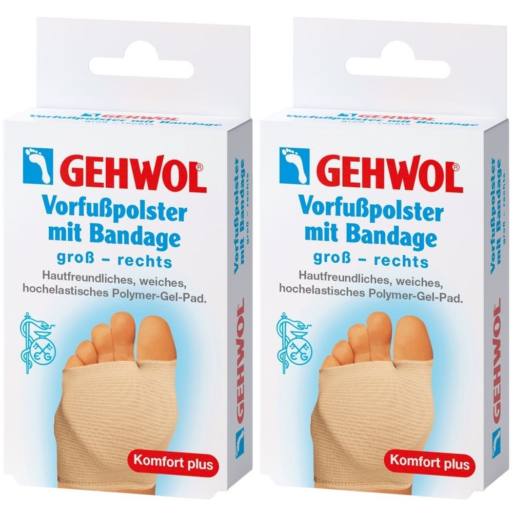 Zwei Packungen GEHWOL Vorfußpolster mit Bandage. Auf jeder Packung ist ein Fuß mit Bandage abgebildet. Text: groß - rechts, Komfort plus.
