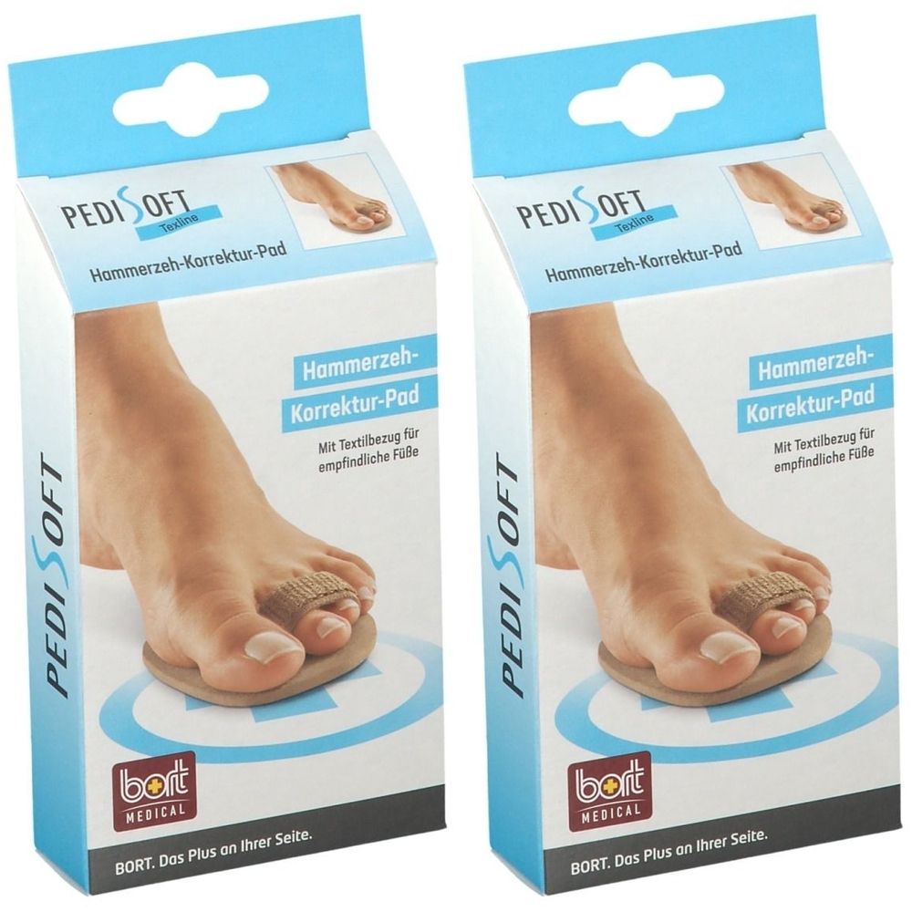 Zwei Packungen PediSoft Hammerzeh-Korrektur-Pad. Aufdruck: BORT MEDICAL. Produkt auf einem Fuß gezeigt.