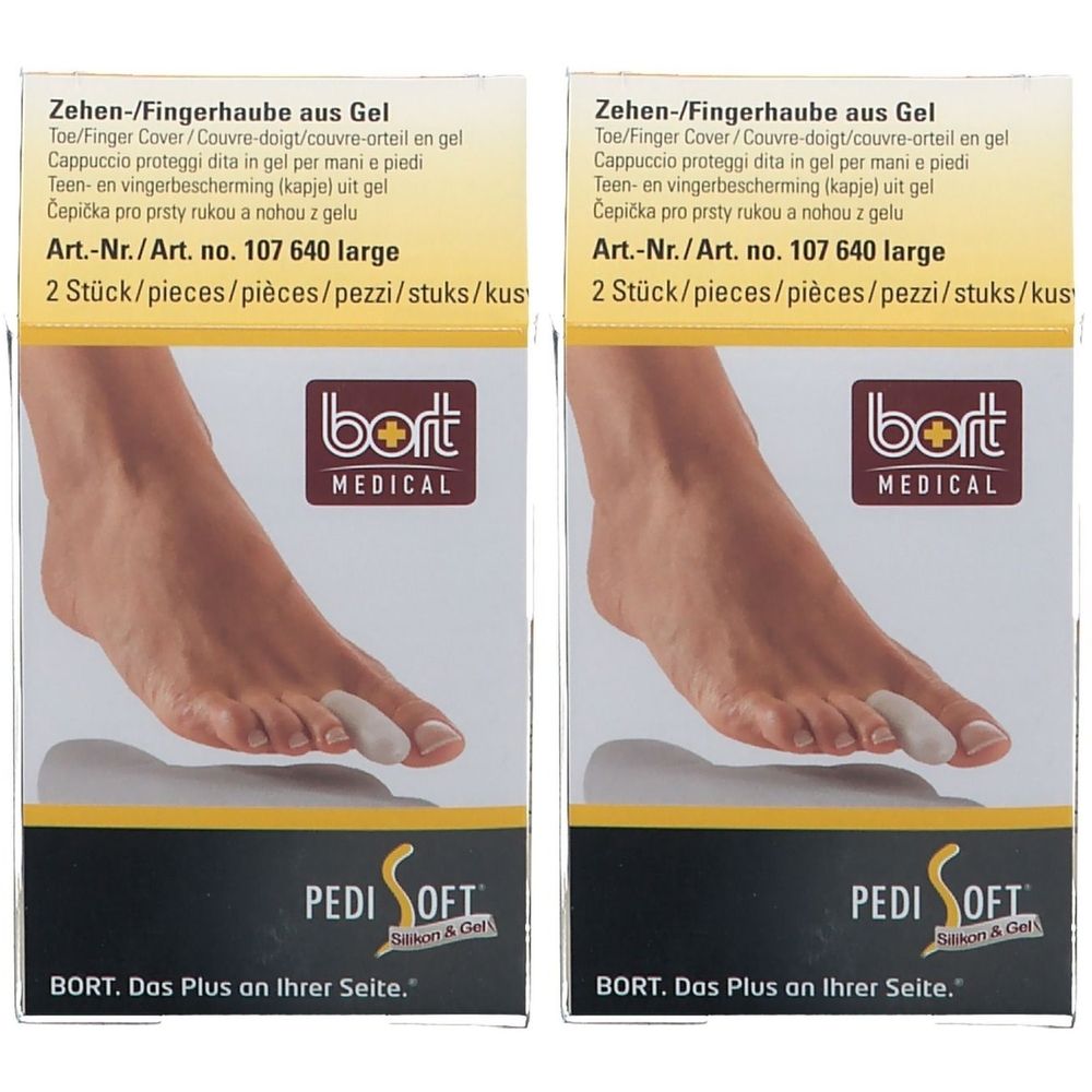 Verpackung mit zwei Zehen-/Fingerhauben aus Gel. Aufdruck: BORT MEDICAL, PediSoft, Art.-Nr. 107 640 large.