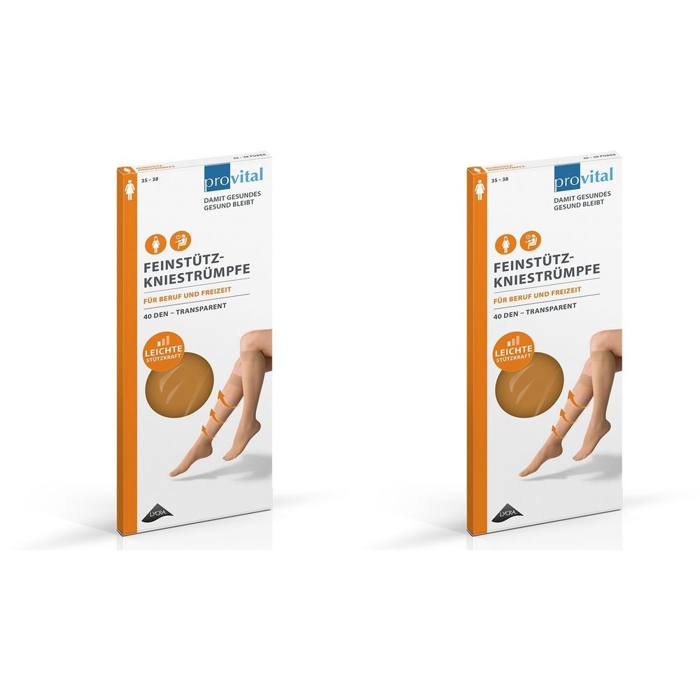 Zwei Packungen provital Feinstütz-Kniestrümpfe. Weiße Verpackung mit orangefarbenem Akzent. Produktabbildung und Schriftzug.