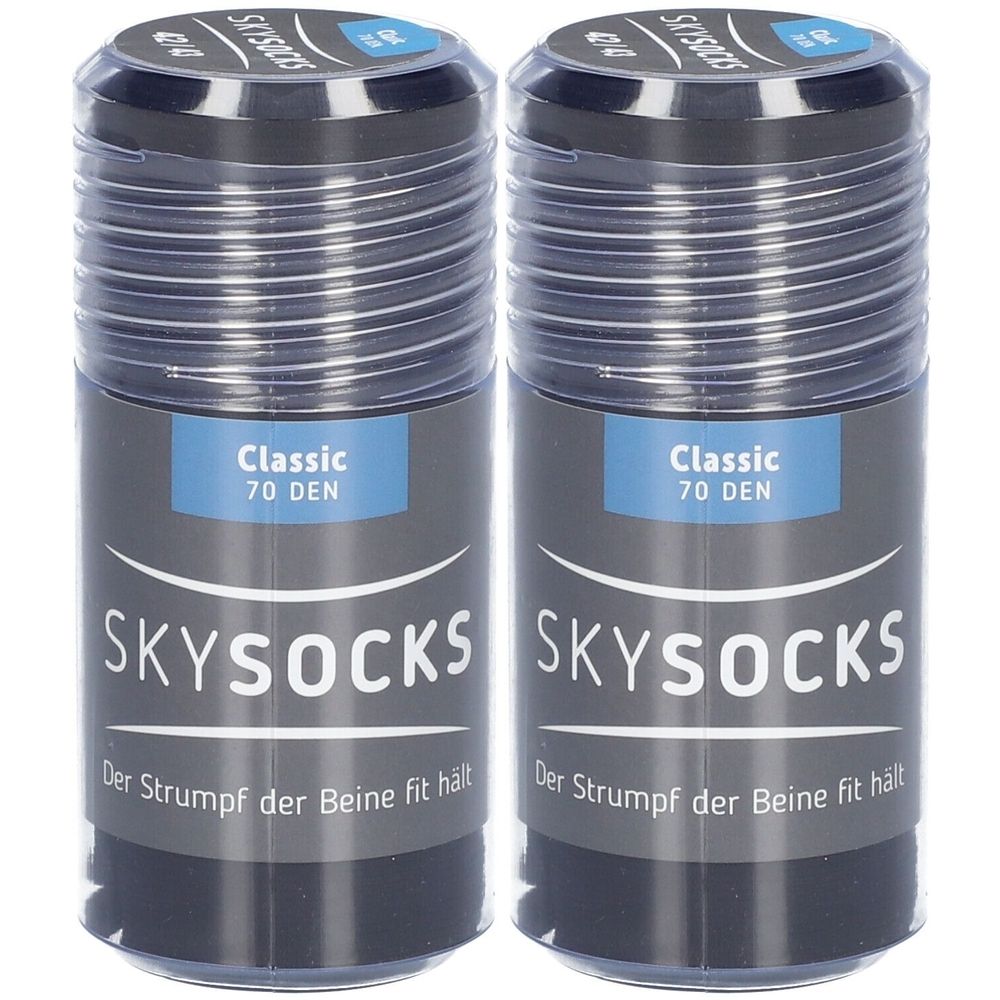 Zwei zylindrische Behälter mit Strümpfen. Aufschrift: SKYSOCKS Classic 70 DEN. Schwarze Strümpfe. Text: Der Strumpf der Beine fit hält.