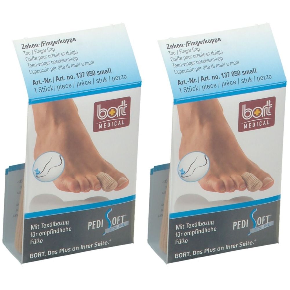 Zwei Packungen mit Zehen-/Fingerkappe. Aufdruck: bort MEDICAL, PediSoft. Textilbezug für empfindliche Füße. Größe S.