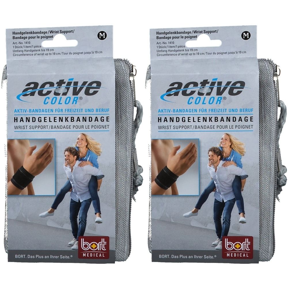Zwei Packungen Handgelenkbandagen in grauem Etui. Aufdruck: active COLOR, Handgelenkbandage, Größe M. Marke: bort MEDICAL.