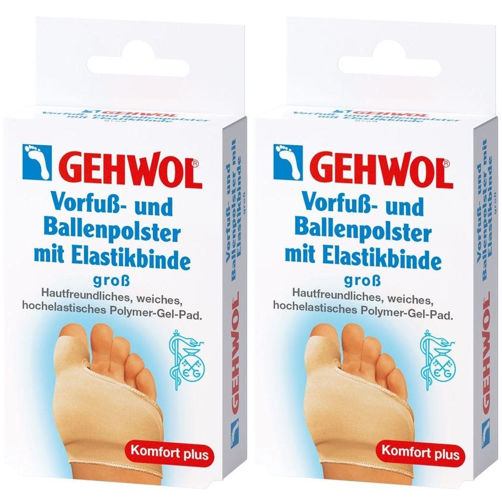 Zwei Packungen mit Vorfuß- und Ballenpolster mit Elastikbinde. Aufschrift: GEHWOL, groß, Komfort plus. Produktabbildung.