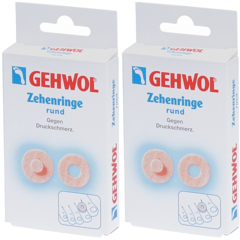 Zwei Schachteln mit GEHWOL Zehenringe rund. Weiße Verpackung mit Produktname und Fuß-Illustration. Zwei runde, rosafarbene Ringe.