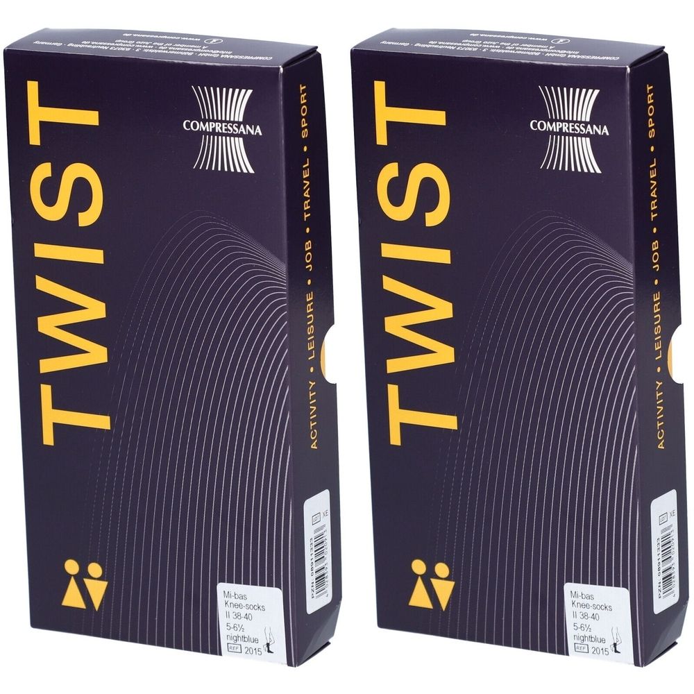 Zwei rechteckige Schachteln. Aufschrift TWIST in Gelb. Logo COMPRESSANA. Aufschrift ACTIVITY, LEISURE, JOB, TRAVEL, SPORT. Etikett mit Produktinformationen.