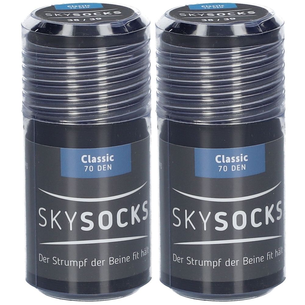 Zwei schwarze Strümpfe in zylindrischen Behältern. Aufschrift: SKYSOCKS Classic 70 DEN. Größe 38/39. Der Strumpf der Beine fit hält.