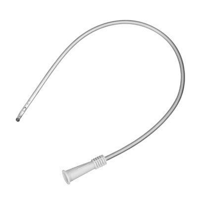 Transparenter Einmalkatheter mit abgerundeter Spitze und Konnektor. Der Katheter hat eine leicht gebogene Form.