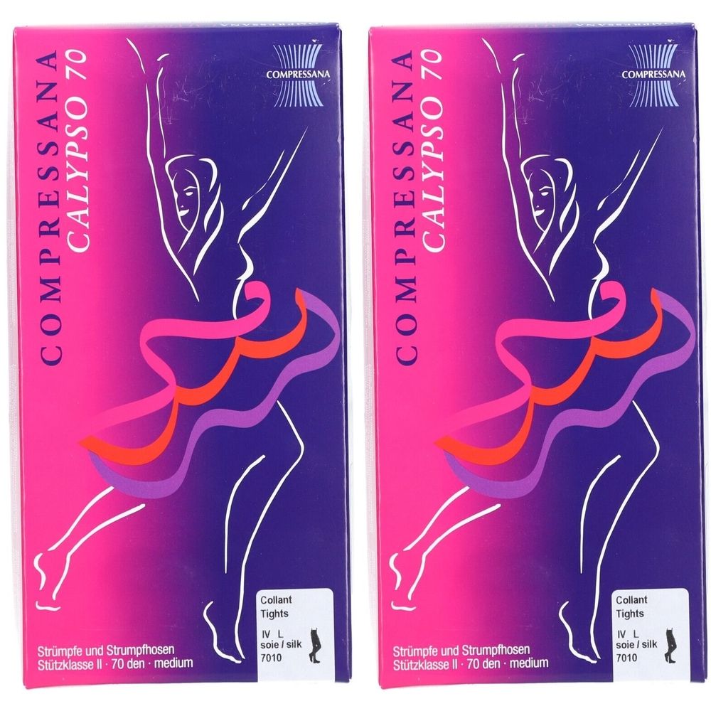 Zwei Packungen COMPRESSANA CALYPSO 70 Strumpfhosen. Lila-pinke Verpackung mit Abbildung einer Frau. Text: Strümpfe, Stützklasse II, 70 den.