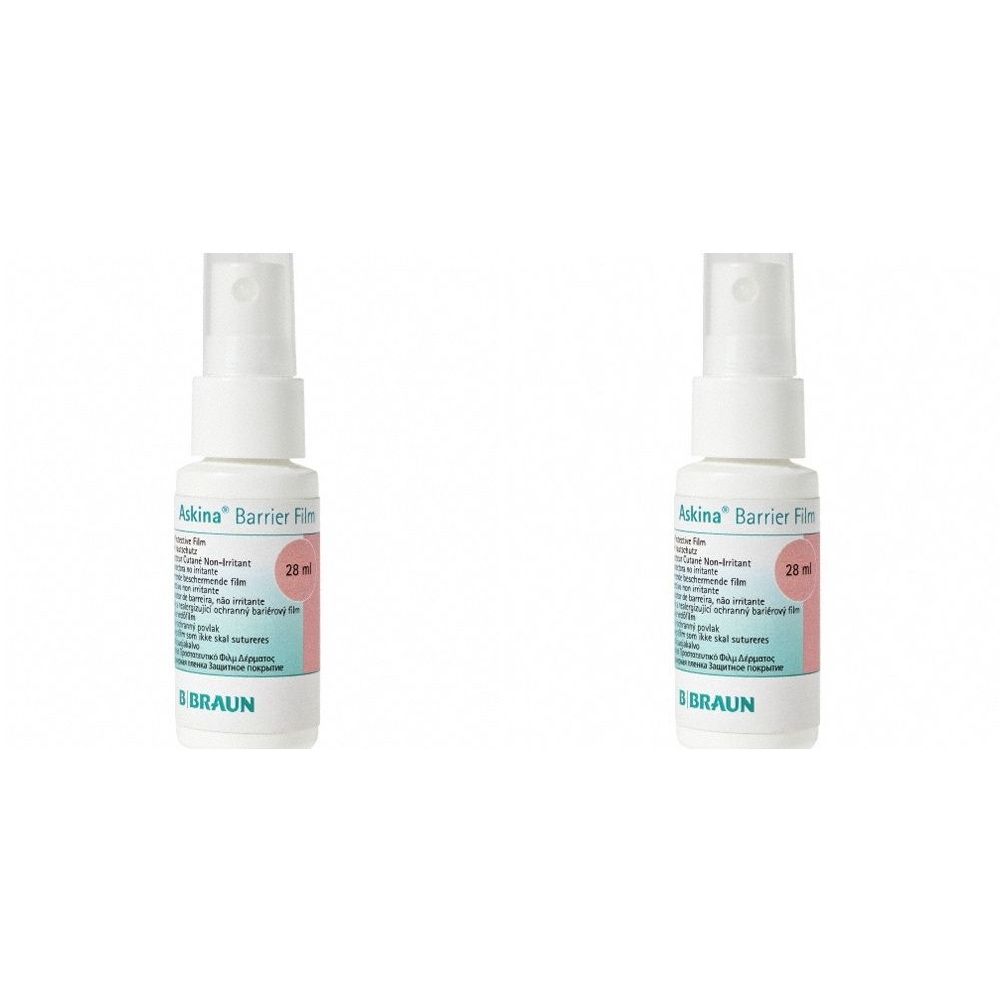 Zwei weiße Sprühflaschen mit rosa und türkisfarbenen Etiketten. Aufschrift: Askina Barrier Film, 28 ml. Marke: Braun.