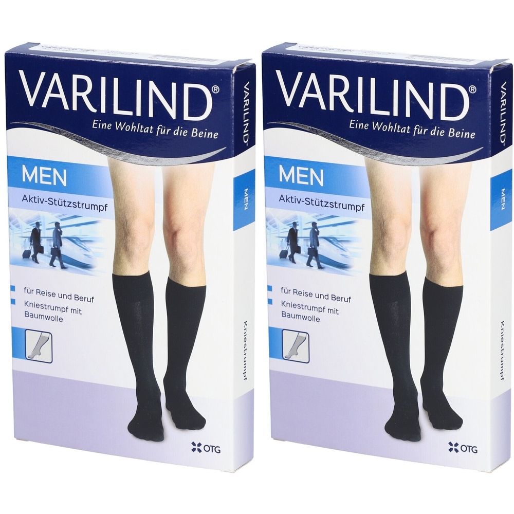Zwei Packungen Kniestrümpfe. Aufschrift VARILIND, Men, Aktiv-Stützstrumpf. Schwarze Strümpfe auf abgebildeten Beinen. Baumwolle.
