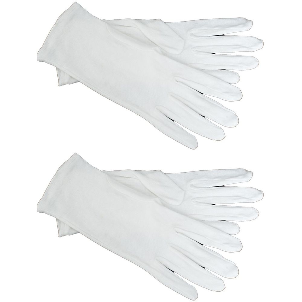 Zwei weiße Baumwollhandschuhe, Größe XL. Die Handschuhe sind aus hellem Stoff gefertigt und liegen überlappend.