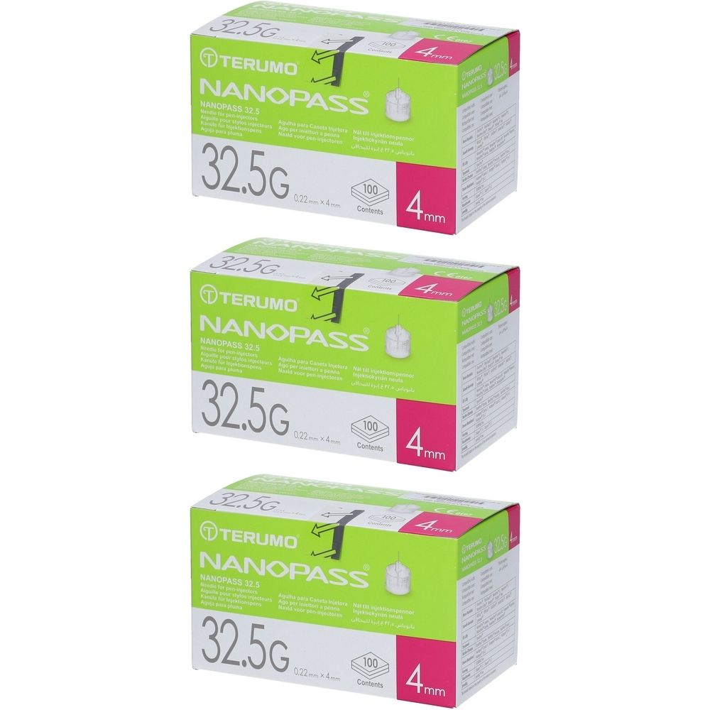 Drei grüne und weiße Produktverpackungen. Auf jeder Verpackung steht TERUMO NANOPASS, 32,5G und 4 mm.