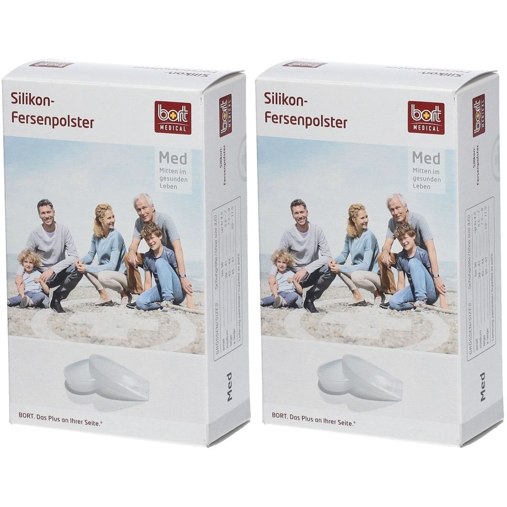 Zwei Kartons mit Silikon-Fersenpolstern. Aufschrift: BORT MEDICAL. Abbildung einer Familie. Produktname und Größe sind angegeben.
