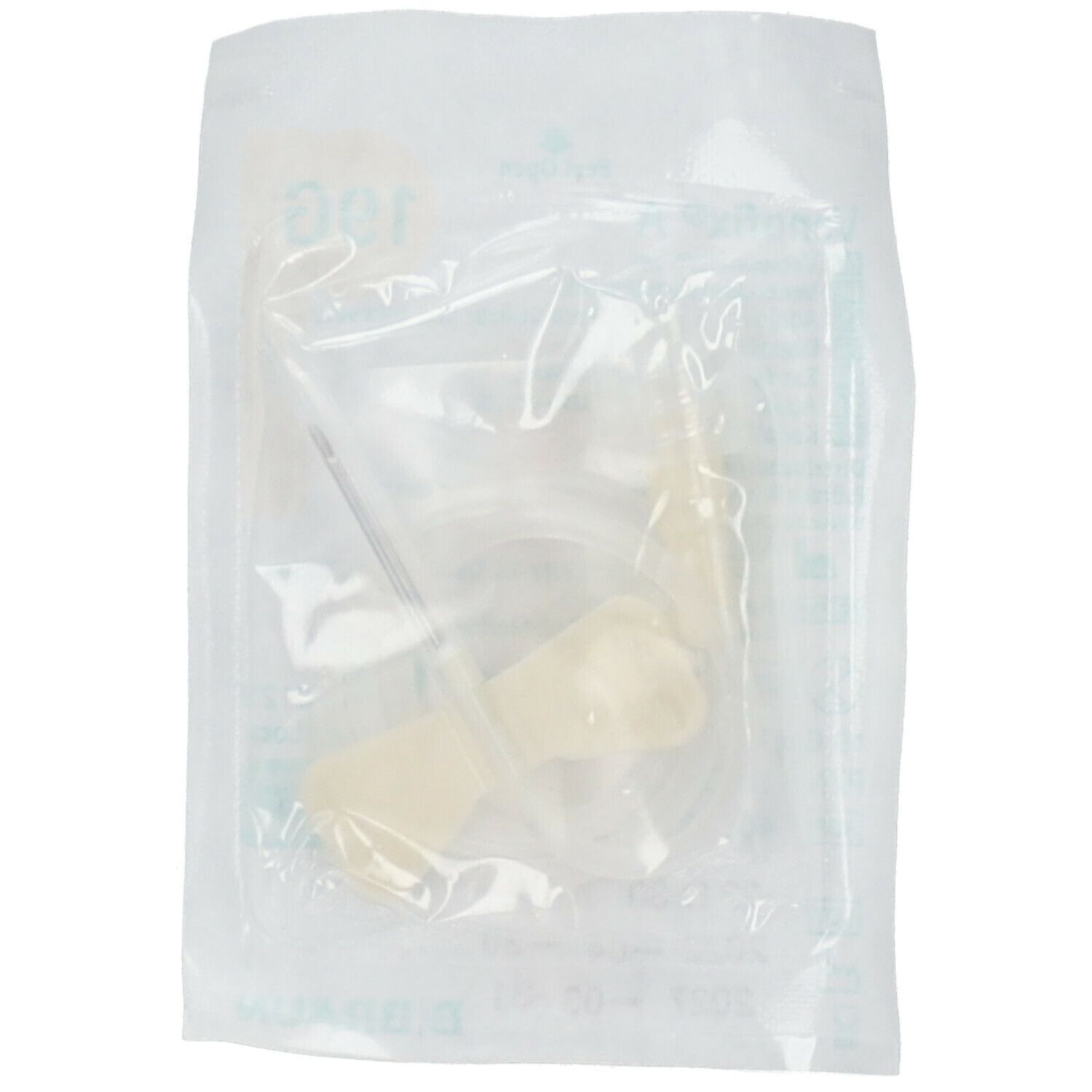 Medizinprodukt in transparenter Verpackung. Enthält einen cremefarbenen Konnektor, einen Schlauch und eine Nadel.