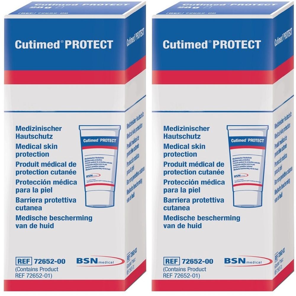 Zwei rechteckige Faltschachteln. Aufschrift: Cutimed PROTECT. Mehrsprachige Produktinformationen. BSN medical Logo. Produktabbildung.