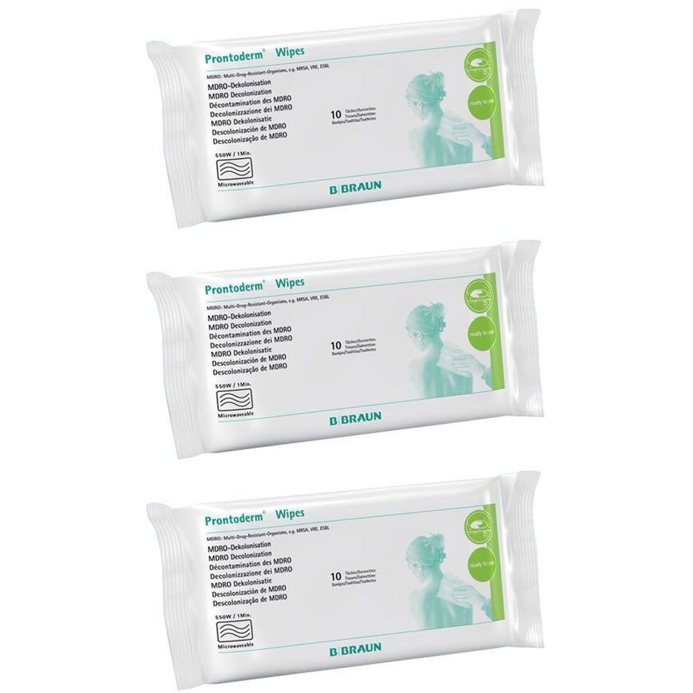 Drei Packungen Prontoderm® Wipes. Weiße Verpackung mit grünen Akzenten. Aufdruck mit Produktnamen, Inhaltsangaben und Logo von B. Braun.