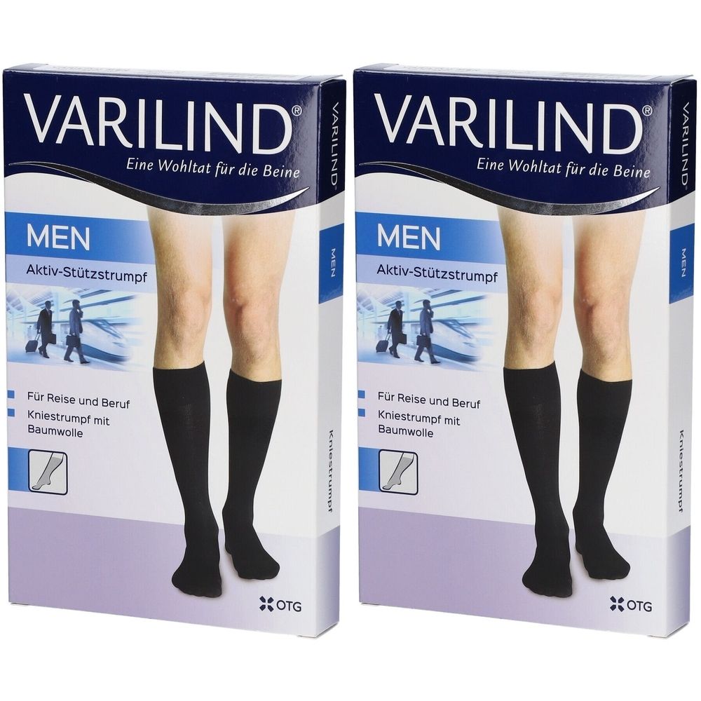 Zwei Packungen VARILIND Men Aktiv-Stützstrumpf. Schwarze Kniestrümpfe auf einer Verpackung abgebildet. Text: Für Reise und Beruf, Kniestrumpf mit Baumwolle.