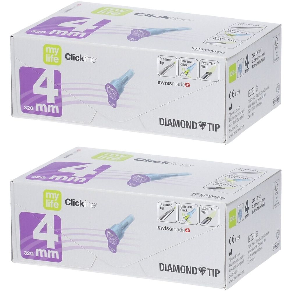 Zwei Schachteln mit PenNadeln. Aufdruck: mylife Clickfine 4 mm, 32G. Mit Diamantspitze. Schweizer Qualität.