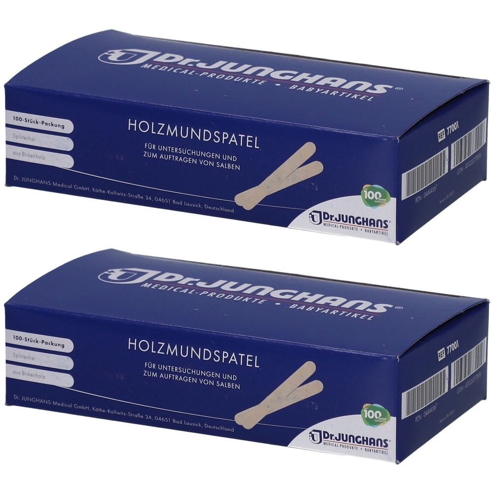 Zwei blaue Kartons mit Holzmundspateln. Aufschrift: Dr. Junghans, Holzmundspatel. 100 Stück Packung.