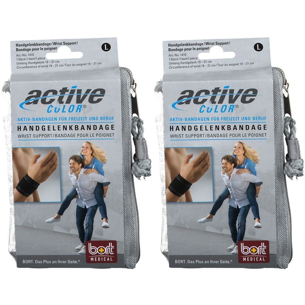 Zwei Handgelenkbandagen in grauer Tasche. Aufschrift: active COLOR, HANDGELENKBANDAGE, BORT MEDICAL. Größe L.
