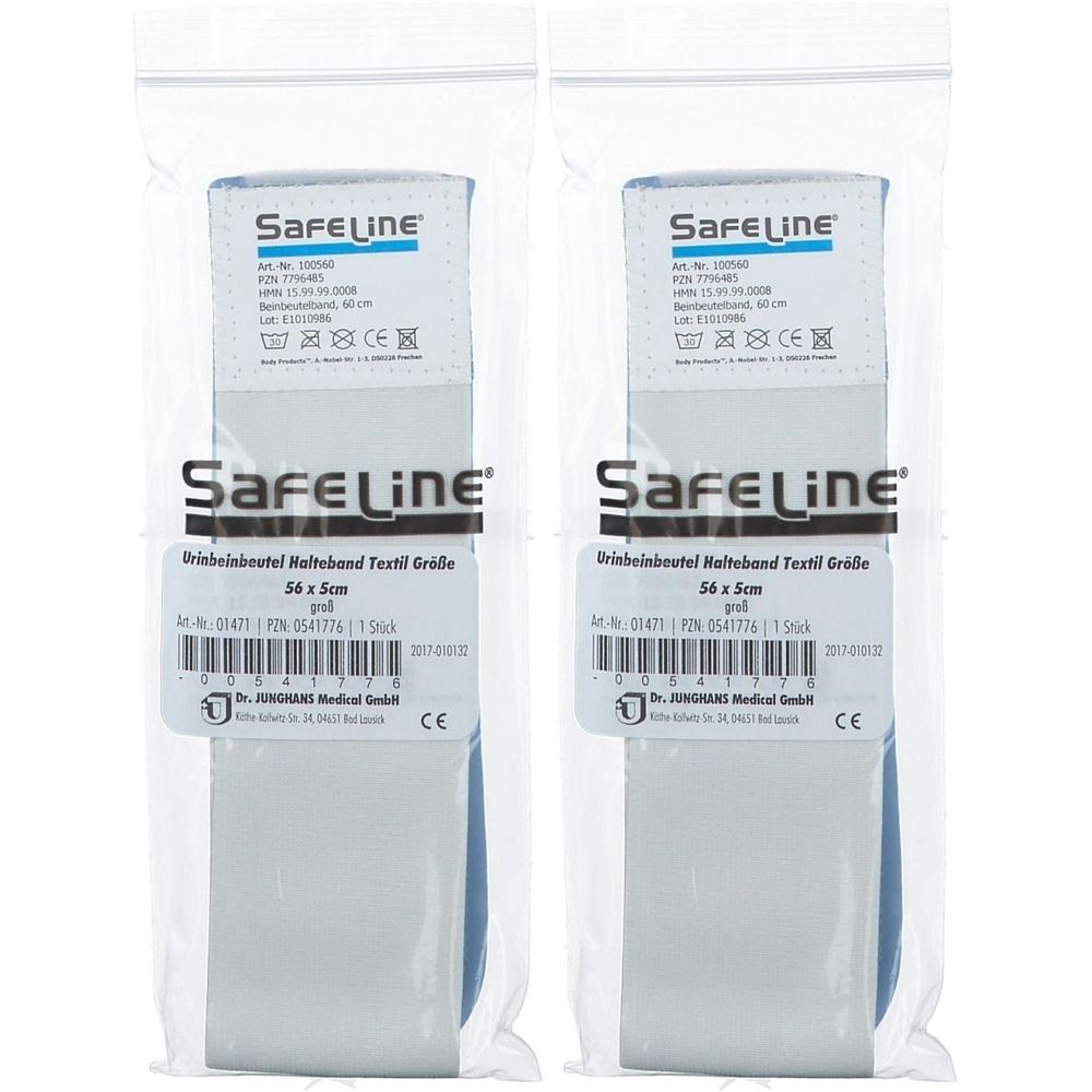 Zwei SafeLine Urin-Beinbeutel Haltebänder in Plastikverpackung. Textil, 56 x 5 cm. Mit CE-Kennzeichnung.