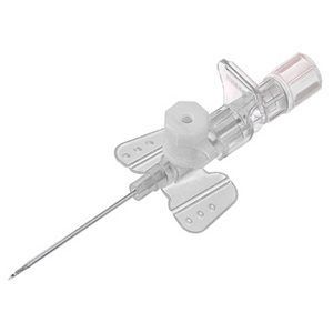 Kanüle mit Flügeln und Konnektor. Transparentes Kunststoffgehäuse, Metallnadel. Weißer Verschluss.