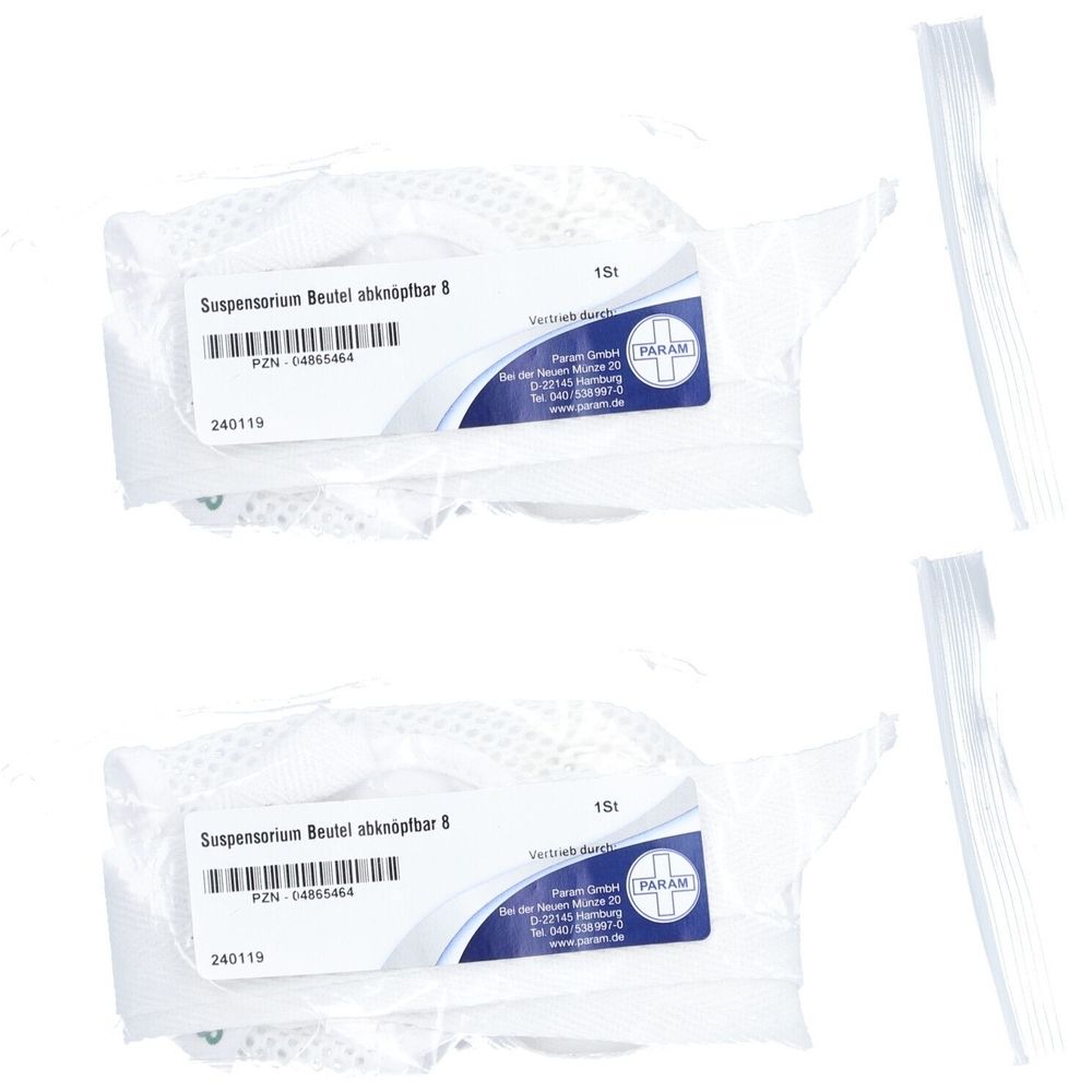 Zwei weiße Beutel mit Produktinformationen. Aufschrift: Suspensorium Beutel abknöpfbar 8. Daneben zwei transparente Kunststoffteile.