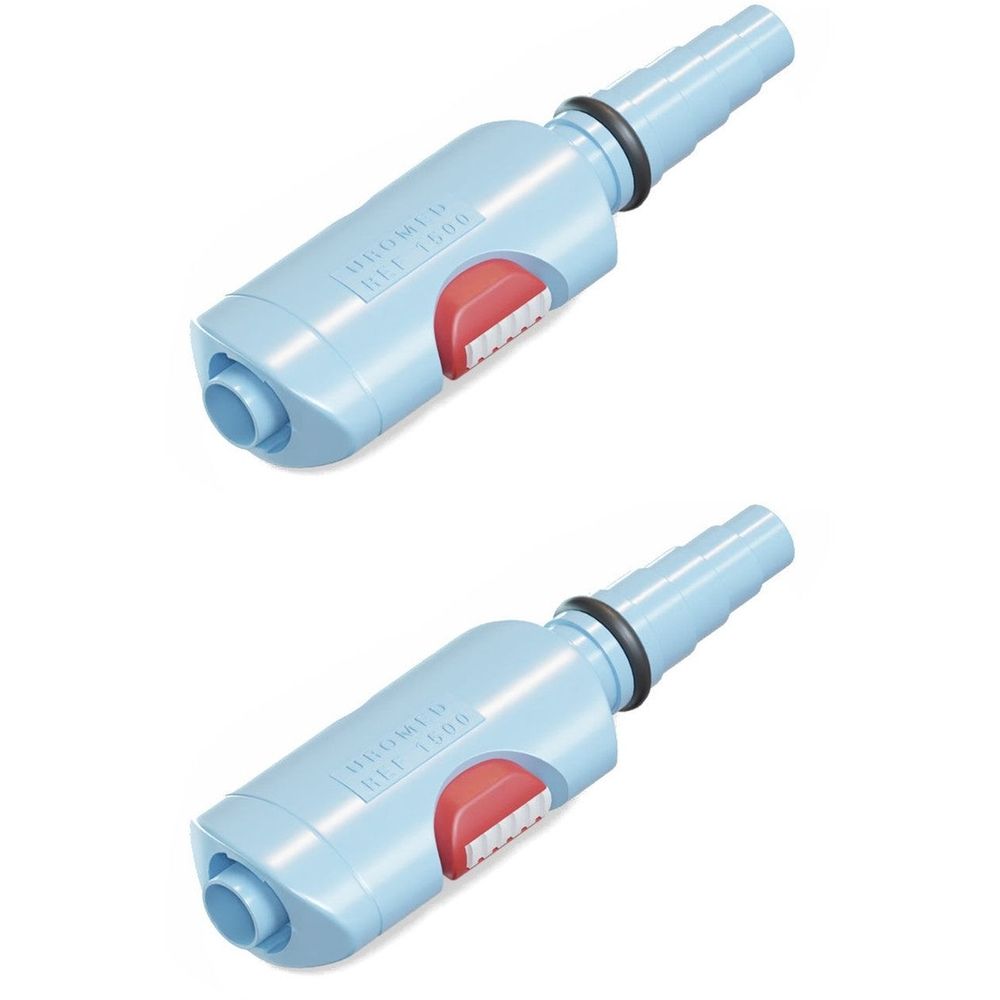 Zwei blaue Katheterventile mit rotem Schalter und schwarzem Ring. Aufschrift: UROMED REF 1500.