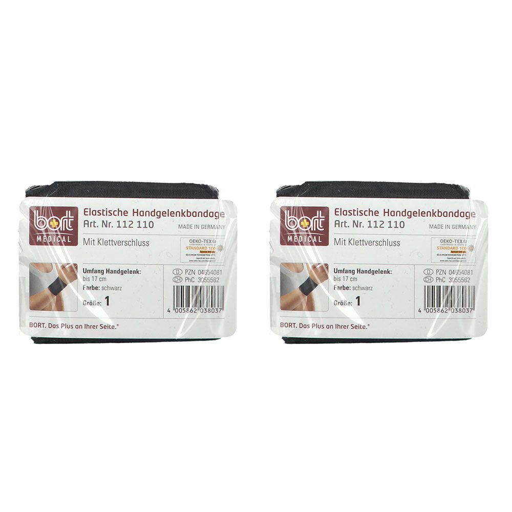 Zwei schwarze Handgelenkbandagen mit Klettverschluss in Verpackung. Marke BORT MEDICAL, Artikelnummer 112 110.
