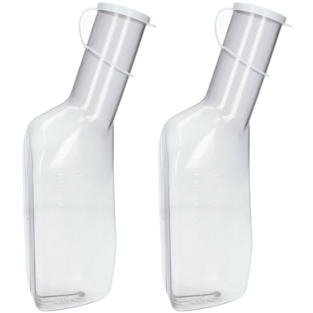 Zwei transparente Urinflaschen für Männer. Jede Flasche hat einen Deckel und einen Griff.