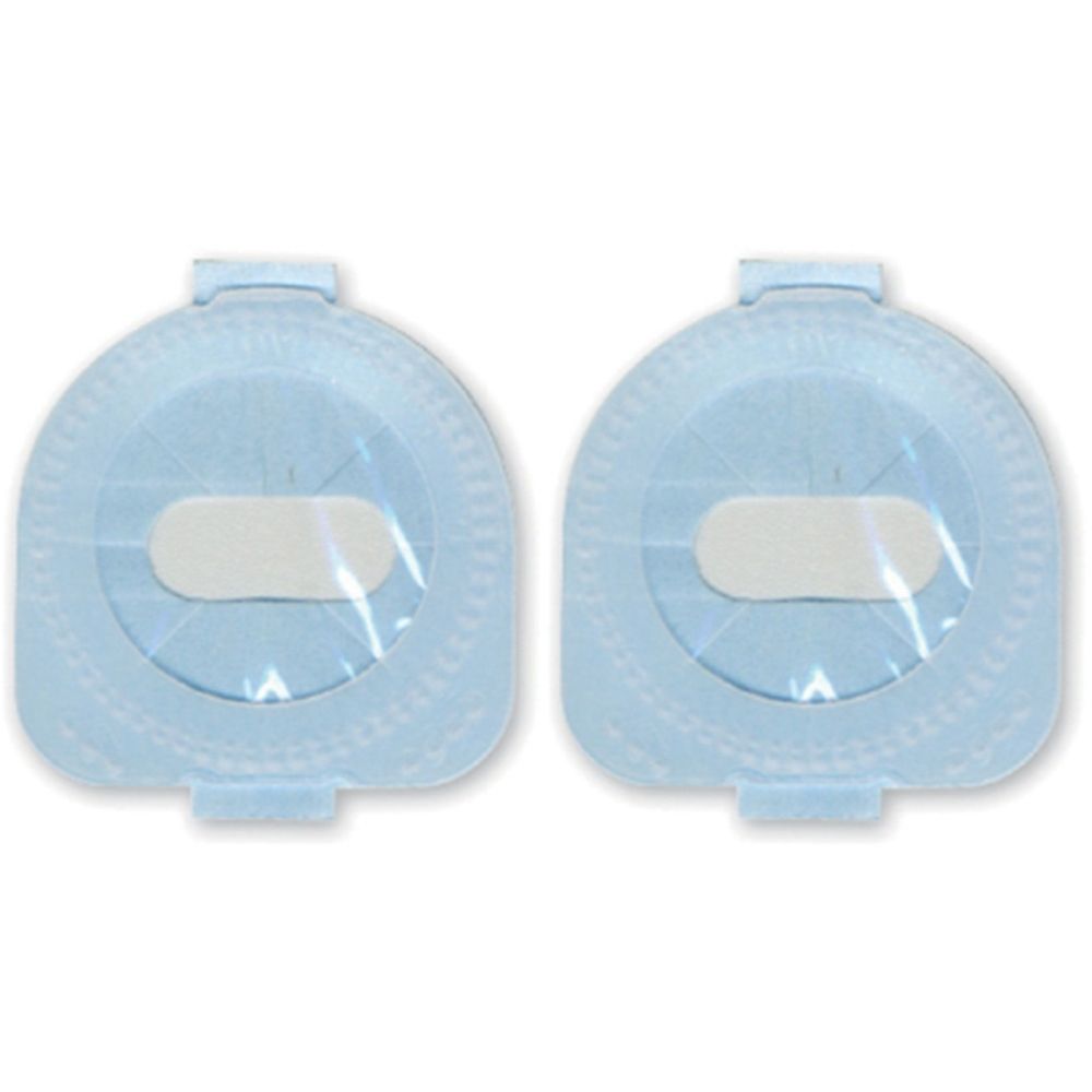 Zwei hellblaue, ovale Behälter mit durchsichtiger Folie. In jedem Behälter befindet sich ein weißes, rechteckiges Element.