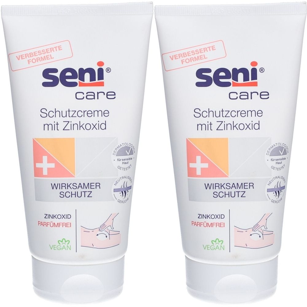 Zwei Tuben Seni Care Schutzcreme mit Zinkoxid. Weiße Tuben mit roter und orangefarbener Grafik. Text: "WIRKSAMER SCHUTZ".