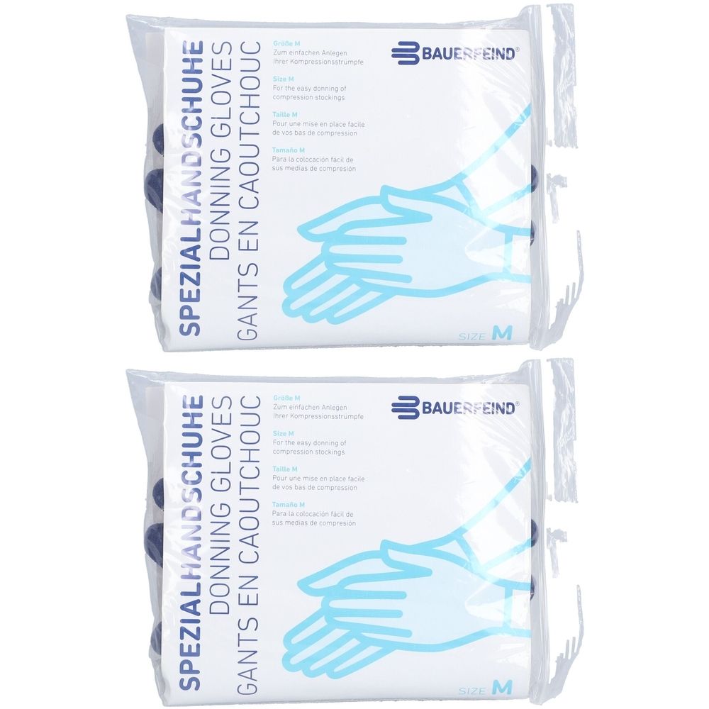 Zwei Packungen Spezialhandschuhe, Größe M, in Folienverpackung. Aufdruck: Donning Gloves, Bauerfeind Logo.