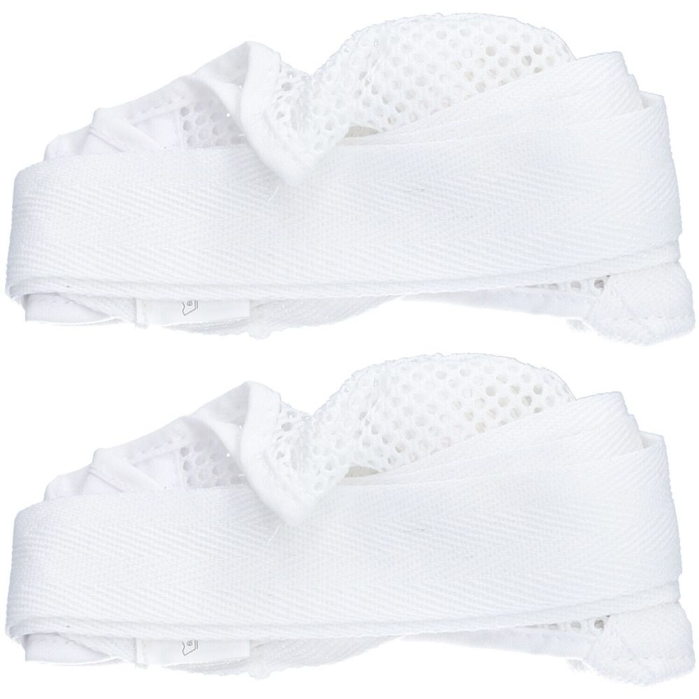 Zwei weiße Suspensorien mit abknöpfbarem Beutel. Sie bestehen aus Stoff und Netzmaterial.