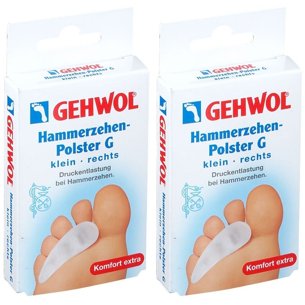Zwei Schachteln mit GEHWOL Hammerzehen-Polster G. Aufdruck: klein, rechts. Komfort extra. Produktabbildung mit Fuß und Polster.