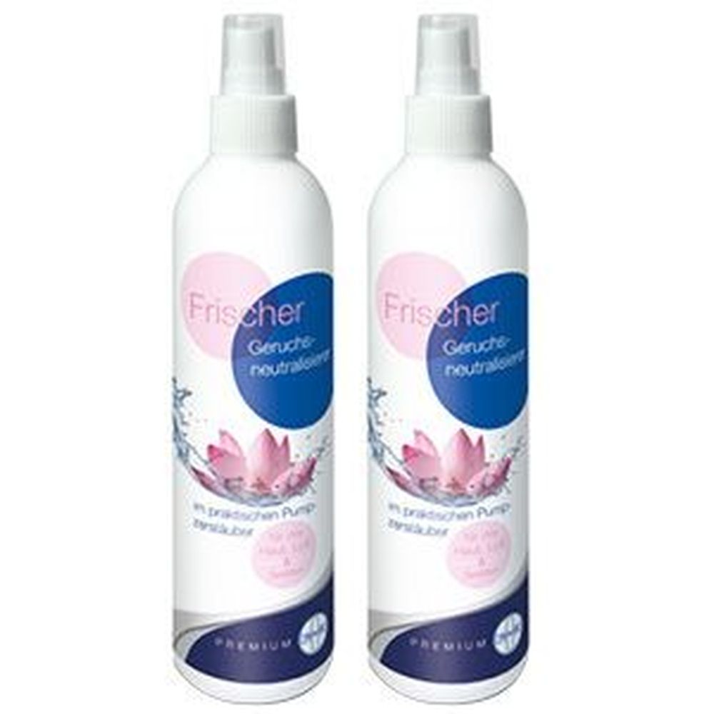 Zwei weiße Sprühflaschen mit blauen und rosa Etiketten. Aufschrift: Frischer Geruchsneutralisierer. Mit Blütenmotiv und Premium-Logo.