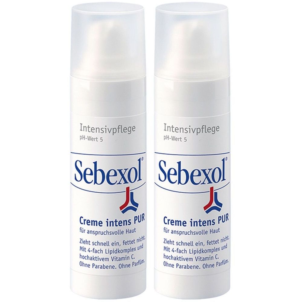 Zwei weiße Flaschen mit Pumpaufsatz. Aufschrift: Sebexol Creme intens PUR. Text: Intensivpflege, pH-Wert 5. Ohne Parabene, ohne Parfüm.
