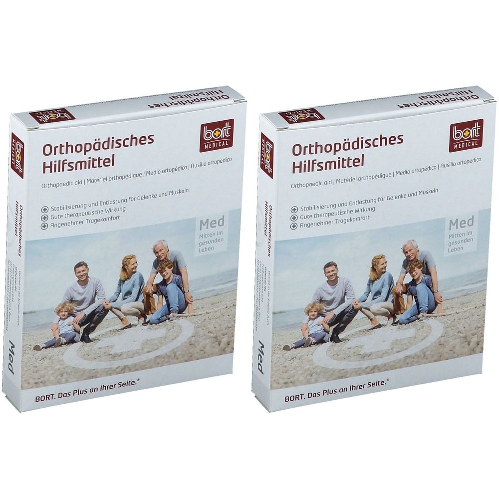 Zwei rechteckige Kartons mit dem Aufdruck "Orthopädisches Hilfsmittel". Marke BORT. Aufdruck "Med". Familienfoto auf der Verpackung.