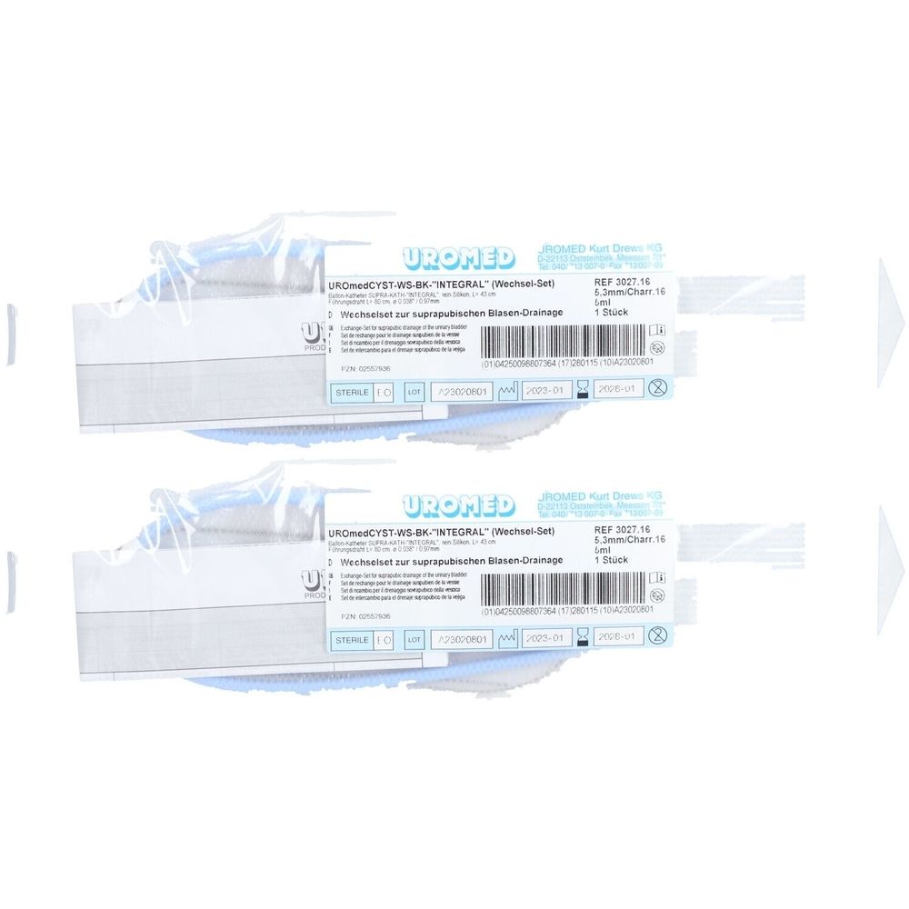 Zwei verpackte UROMED Wechselsets zur suprapubischen Blasen-Drainage. Sichtbar sind Produktnamen und Chargennummern.