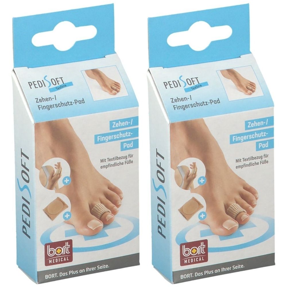 Zwei Produktverpackungen. Aufdruck: PediSoft Zehen-/Fingerschutz-Pad. Marke: bort MEDICAL. Abbildung eines Fußes mit Pad. Textilbezug für empfindliche Füße.