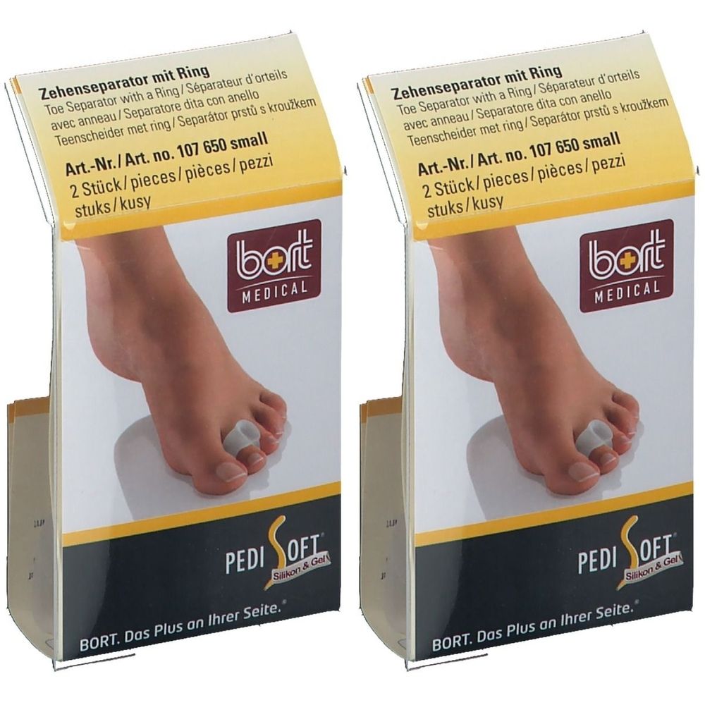 Verpackung mit Zehenseparator mit Ring. Zeigt einen Fuß mit Zehenspreizer. Marke: bort MEDICAL, PediSoft. 2 Stück.